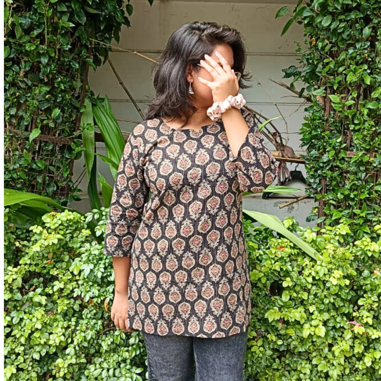 CHARULATA Round Neck Three Quarter Sleeves Short Kurti